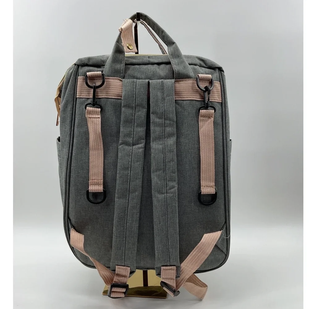 Gray Diaper Bag Backpack with USB Port Gold Hardware Stroller Straps Heathered